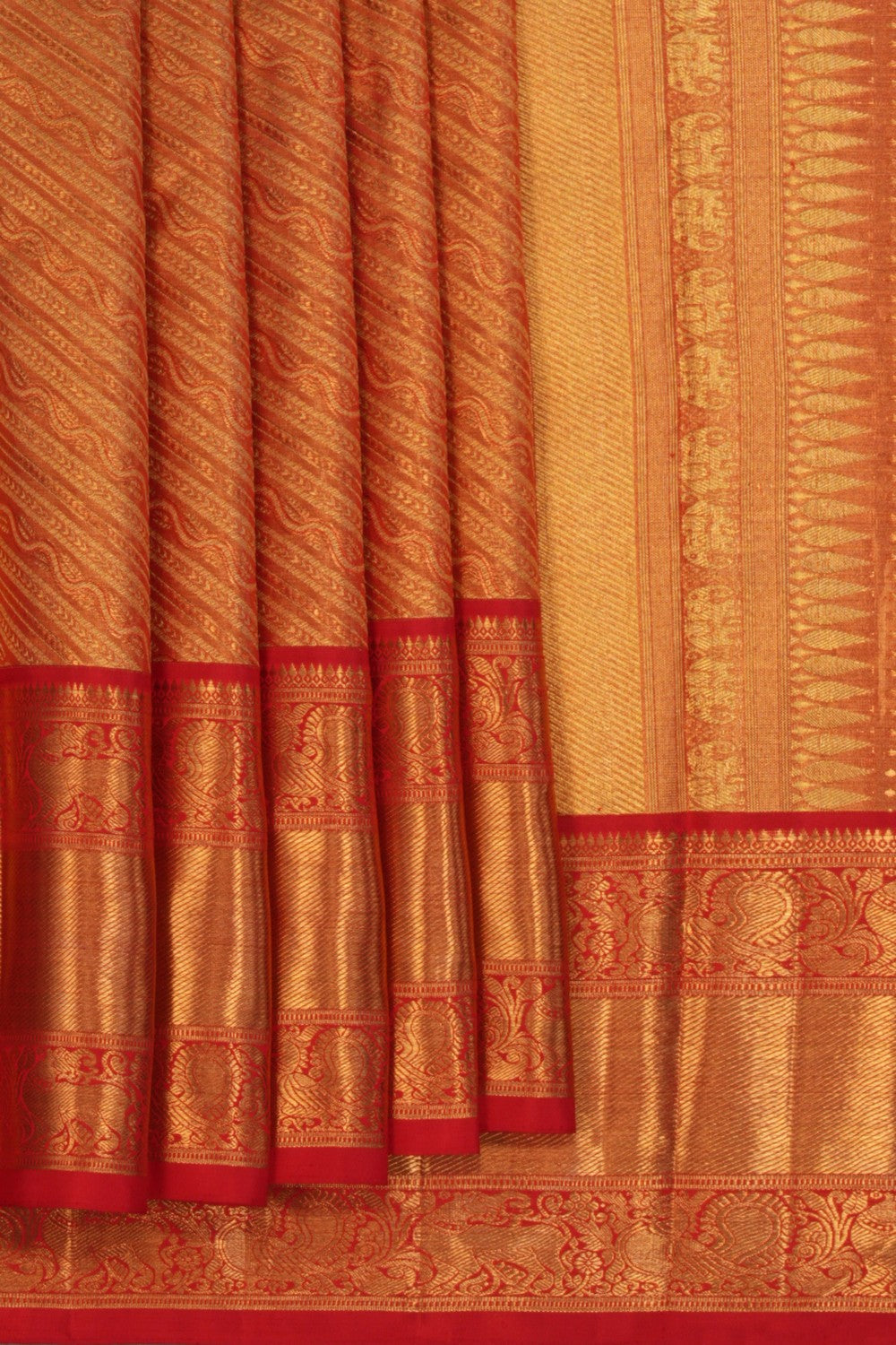 Image of Gold Red Brocade Kanchivaram Silk Saree